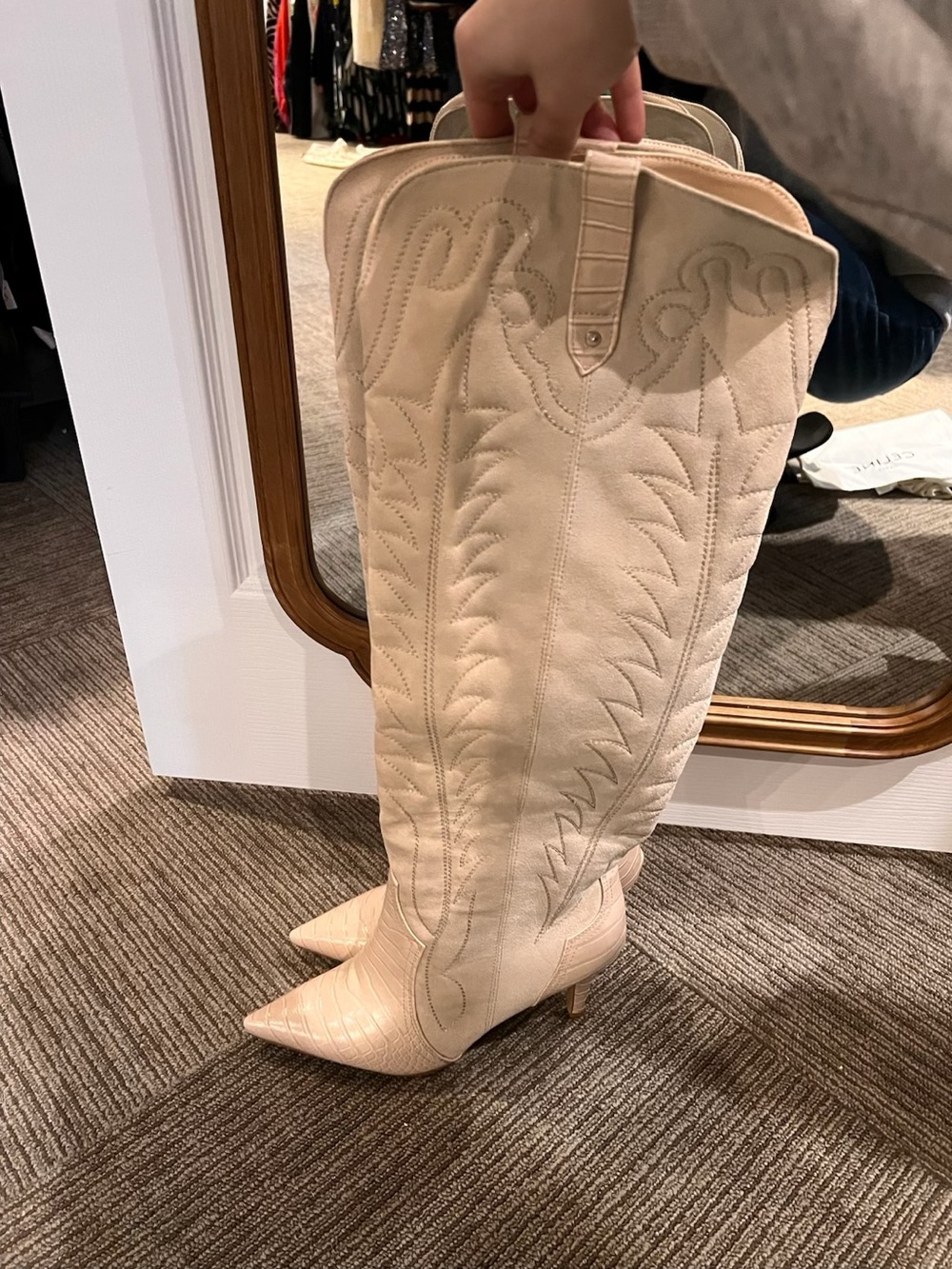 Knee-High Pointed-Toe Western Boots in Cream